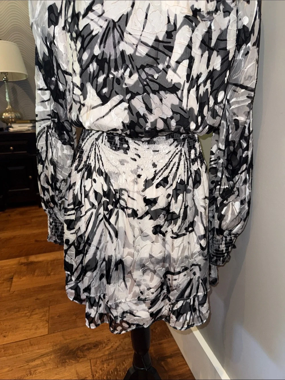 White House black market Women's Black & White Smocked Waist Long-Sleeve Dress